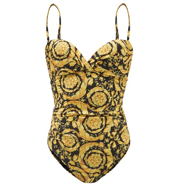 Baroque-print sweetheart-neckline swimsuit, Versace